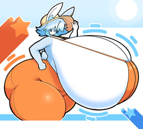 anthro barely_contained barely_contained_breasts big_breasts big_butt blue_body blue_eyes blue_fur blue_hair breast_jiggle breasts bulging_breasts butt cleavage clothed clothing countershading ear_piercing eyelashes female fur hair hand_on_hip hat headgear headwear huge_breasts huge_butt huge_thighs hyper hyper_breasts inner_ear_fluff jiggling orange_clothing orange_overalls overalls piercing solo star_symbol sun sun_hat tail thick_thighs tipping_hat tuft white_body white_countershading dewbber tristan_(bluebunboi) lagomorph leporid mammal rabbit absurd_res hi_res
