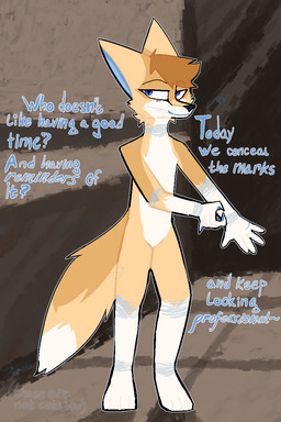 4_fingers 4_toes anthro bite_mark blue_eyes feet fingers fur male markings orange_body orange_fur rope_marks solo toes white_body white_fur mossky canid canine fennec_fox fox mammal true_fox hi_res