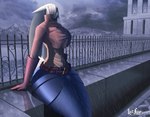 anthro big_breasts big_butt breasts butt clothing cropped_jacket curvy_figure female floppy_ears hair hair_over_eye hourglass_figure lop_ears railing raining sad sitting solo storm thick_thighs tight_clothing hiverdose last_fables eni_siverets_(last_fables) hare lagomorph leporid mammal