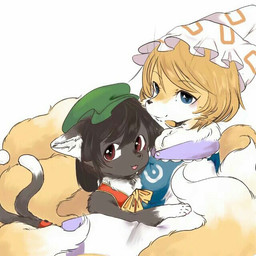 anthro black_body black_fur black_hair blonde_hair brown_hair clothed clothing dipstick_tail duo female fur green_clothing green_hat green_headwear hair hat headgear headwear kemono markings multi_tail tail tail_markings s.in touhou chen_(touhou) ran_yakumo canid canine domestic_cat felid feline felis fox mammal 1:1 2018