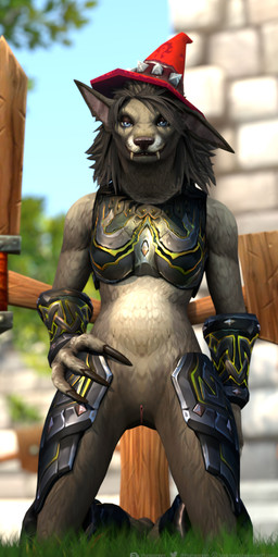 anthro armor black_hair black_nose blue_eyes blurred_background clothing fangs female fur genitals grey_body grey_fur hair hand_on_hip hat headgear headwear kneeling looking_at_viewer red_clothing red_hat red_headwear solo teeth text unconvincing_armor vulva white_body white_fur witch_hat thatworgen blizzard_entertainment warcraft destiney_crawford_(thatworgen) canid mammal werecanid werecreature worgen 2020 3d_(artwork) absurd_res autodesk_3ds_max_(artwork) digital_media_(artwork) full-length_portrait hi_res portrait url watermark