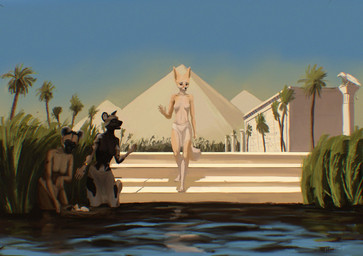 anthro black_body black_fur black_nose bottomwear breasts brown_body brown_fur clothed clothed_anthro clothed_female clothing female fur group loincloth multicolored_body multicolored_fur navel nipples outside pyramid river tan_body tan_fur topless topless_anthro topless_female two_tone_body two_tone_fur water vrillsky african_wild_dog canid canine fennec_fox fox mammal true_fox hi_res