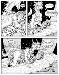 anthro breasts dialogue duo female interspecies male navel nipples nude tail text steamfox mythology the_dragoness_in_amber dragon felid mammal mythological_creature mythological_scalie pantherine scalie tiger comic english_text monochrome