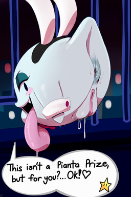 anus big_tongue bodily_fluids bunny_costume butt clothing costume dialogue ellipsis exclamation_point fake_ears fake_rabbit_ears female genital_fluids genitals long_tongue looking_at_viewer looking_back not_furry plump_labia presenting presenting_hindquarters question_mark solo speech_bubble text tongue vaginal_fluids vulva thehumancopier mario_bros nintendo paper_mario paper_mario:_the_thousand_year_door peeka_(mario) boo_(mario) ghost sphere_creature spirit 2016 2:3 absurd_res digital_media_(artwork) english_text hi_res