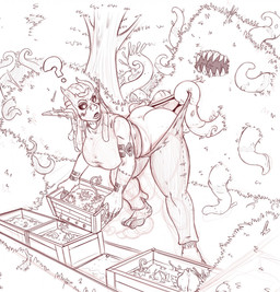 ambiguous_gender bent_over big_breasts bottomwear bottomwear_down bottomwear_pull breasts butt clothed clothing clothing_pull duo female female/ambiguous grass holding_object looking_back monster_girl_(genre) not_furry open_mouth outside pants pants_down pants_pull partially_clothed plant question_mark slightly_chubby standing tentacles tree dannyg diona_(dannyg) humanoid orc tentacle_creature hi_res sketch