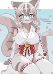 abstract_background anthro arm_support arm_tuft armwear asian_clothing bell_accessory big_breasts biped blush body_blush breasts catching cherry_blossom circle_eyebrows clawed_fingers cleavage clothed clothing clothing_bow detached_sleeves ear_piercing ear_ring east_asian_clothing eyebrows female flower fluffy fluffy_tail footwear fur grey_body grey_fur grey_hair hair highleg hip_tuft huge_breasts inner_ear_fluff japanese_clothing legwear markings miko_outfit multicolored_body multicolored_fur multicolored_hair neck_tuft open_mouth open_palm pattern_hair petals piercing plant prunus_(flower) raised_tail ring_piercing sash shide shoulder_tuft sitting smile socks solo striped_markings striped_tail striped_thighs stripes tail tail_markings text thick_thighs thigh_highs tuft two_tone_body two_tone_fur two_tone_hair white_clothing white_legwear wide_sleeves 115meg domestic_cat felid feline felis mammal absurd_res artist_name commissioner_name hi_res