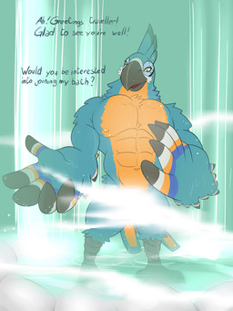 abs anthro asking asking_viewer bathing beak biceps big_hands big_muscles big_pecs biped blue_body blue_feathers bright_colors convenient_censorship countershade_torso countershading creek detailed_background dialogue eye_markings feather_tuft feathers front_view green_eyes head_crest huge_muscles inviting looking_at_viewer male manly markings multicolored_body multicolored_feathers muscular muscular_anthro muscular_male navel nipples nude outstretched_arm partially_submerged pecs perspective propositioning question solo standing steam_censorship talking_to_viewer text triceps tuft water waterfall wet yellow_body yellow_countershading yellow_feathers danandnite breath_of_the_wild nintendo the_legend_of_zelda kass_(tloz) avian bird rito 2017 3:4 blue_theme cool_colors detailed digital_drawing_(artwork) digital_media_(artwork) english_text flat_colors full-length_portrait portrait