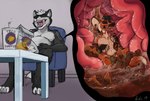 anthro anthro_pred anthro_prey belly big_belly black_body black_fur bodily_fluids cutaway dirty duo food fur hair internal licking licking_lips licking_own_lips macro male male_pred male_prey micro narrowed_eyes nude open_mouth orange_body orange_fur short_hair sitting stomach_acid tongue tongue_out vore white_body white_fur white_hair acidic canid canine mammal 2019 dated