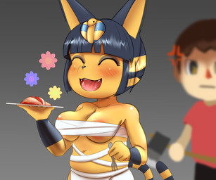 5_fingers angry anthro axe black_hair black_nose bottomwear breasts brown_eyes brown_hair clothed clothing cross-popping_vein duo female fingers flower fur genitals hair happy imminent_death male navel nipple_slip open_mouth pants pink_tongue plant plate severed_body_part severed_vulva shirt slightly_chubby slightly_chubby_anthro slightly_chubby_female solo_focus tan_body tan_fur tongue topwear vulva waynekan animal_crossing nintendo ankha_(animal_crossing) villager_(animal_crossing) domestic_cat felid feline felis human mammal absurd_res hi_res