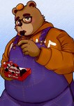 anthro belly big_belly blush brown_body candy chocolate clothing dessert eyewear food fruit glasses hoodie humanoid_hands kemono male orange_(fruit) overalls overweight overweight_male plant solo topwear pinoren vtuber bear mammal 2022 hi_res