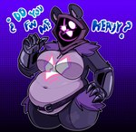 anthro armor belly belt big_belly big_breasts breasts clothing dialogue eye_scar eyebrows facial_scar female gauntlets gloves hand_on_hip handwear hood looking_at_viewer obese overweight overweight_anthro overweight_female purple_eyes question raised_eyebrow scar shadow_face solo text springhell1201 epic_games fortnite raven_team_leader bear mammal digital_media_(artwork) hi_res