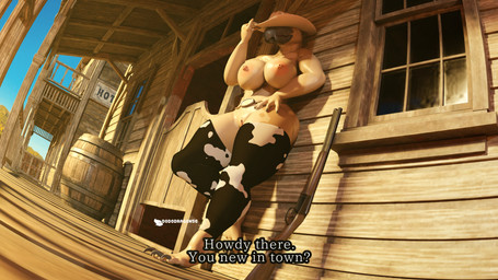 animal_print annelids anthro barrel belt belt_buckle breasts buckle clothing cow_print cowboy_hat female genitals gun hat headgear headwear leaning leaning_on_wall leggings legwear mostly_nude nipples nude outside ranged_weapon solo swinging_door text vulva weapon window wood dododragon56 blender_cycles tremors universal_studios graboid monster 16:9 3d_(artwork) 4k absurd_res blender_(artwork) digital_media_(artwork) hi_res subtitled widescreen