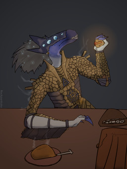 ambiguous_gender armor bioluminescence claws glowing looking_at_object magic mask multi_eye simple_background sitting text rockpankake paizo pathfinder goloma 2026 3:4 digital_media_(artwork) english_text hi_res