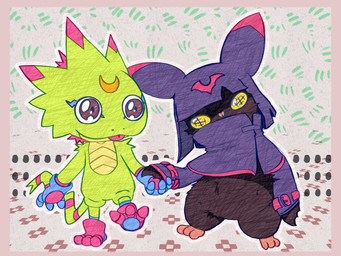 anthro black_body black_fur blep cloak clothing cowl duo fur green_body hand_holding male male/male markings pupils striped_markings striped_tail stripes tail tail_markings tongue tongue_out unusual_pupils wings yellow_eyes yogurtpubes bandai_namco digimon digimon_beatbreak chiropmon digimon_(species) gekkomon hi_res