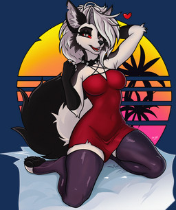 5_toes anthro armwear black_nose black_pawpads breasts cheek_tuft claws clothed clothing collar dress ear_piercing ear_ring eyebrows eyelashes eyeshadow facial_tuft feet female fluffy fluffy_tail fur grey_body grey_fur hair hand_behind_head heart_symbol inner_ear_fluff legwear long_hair looking_at_viewer makeup medium_breasts multicolored_body multicolored_fur narrowed_eyes notched_ear open_mouth pawpads paws piercing pupils red_clothing red_dress red_sclera ring_piercing sitting slit_pupils solo spiked_collar spikes synthwave tail text toe_claws toes tuft two_tone_body two_tone_fur white_body white_fur white_hair lw_88 hellaverse helluva_boss mythology loona_(helluva_boss) canid canid_demon canine demon hellhound mammal mythological_canine mythological_creature 2023 absurd_res alpha_channel artist_name digital_media_(artwork) hi_res
