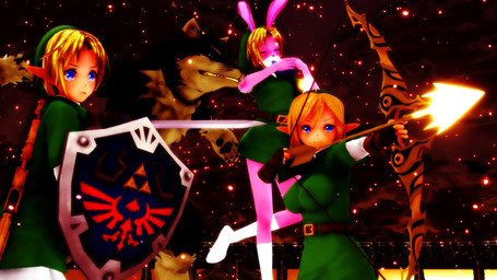 anthro anthrofied arrow_(weapon) barefoot blonde_hair blue_eyes bow_(weapon) breasts clothed clothing crossgender feet female fur group hair holding_melee_weapon holding_object holding_sword holding_weapon male melee_weapon musical_instrument ocarina open_mouth pink_body pink_fur plantigrade ranged_weapon shield square_crossover sword weapon wind_instrument malicekira a_link_to_the_past nintendo the_legend_of_zelda twilight_princess link link_(rabbit_form) link_(wolf_form) canid canine canis humanoid hylian lagomorph leporid mammal rabbit wolf 16:9 2018 3d_(artwork) digital_media_(artwork) widescreen