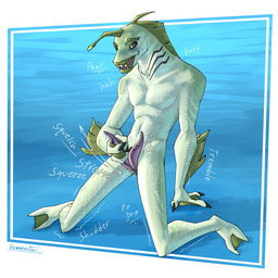 2_penises 2_toes 3_fingers adam's_apple anthro biped blue_background blush bodily_fluids breath claws countershading feet fin fingers full_lips genital_fluids genitals gills green_body green_lips kneeling light lips lure_(anatomy) male masturbation membrane_(anatomy) multi_genitalia multi_penis onomatopoeia open_mouth panting penis plantigrade precum purple_eyes scales sharp_teeth simple_background solo sound_effects split_form tapering_penis teeth text toes webbed_feet webbed_hands lumen_fox ben_10 cartoon_network patelliday alien aquatic fish merfolk piscciss_volann 1:1 english_text hi_res lighting shaded signature