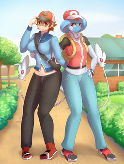 amber_eyes backpack bag big_breasts breasts building camel_toe city clothed clothing detailed_background duo erect_nipples female female/female grin hand_on_hip house looking_at_viewer navel nipples not_furry outside plant pokemorph public road shrub small_breasts smile standing tree wide_hips lysergide nintendo pokemon andy_(true_hitoare) din_(true_hitoare) fan_character pokemon_trainer azelf generation_4_pokemon human humanoid legendary_pokemon mammal pokemon_(species) hi_res