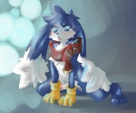 anthro blue_body blue_eyes blush bodily_fluids clothing collar cum erection genital_fluids genitals gloves handwear long_ears male penis solo tears kosian bandai_namco klonoa_(series) klonoa domestic_cat felid feline felis mammal