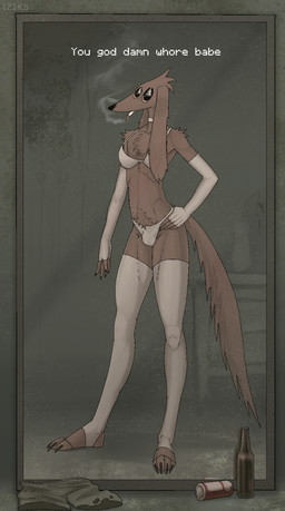 anthro body_hair bottle bra bulge chest_hair chest_tuft cigarette claws clothed clothing collar container crossdressing crossdressing_male crotch_tuft detailed_bulge handwear legwear makeup male mascara mirror mirror_reflection pubes reflection smoking smoking_cigarette solo stockings text torn_clothing torn_underwear trash tuft underwear iziks iziks_(character) canid canine canis domestic_dog mammal absurd_res english_text hi_res