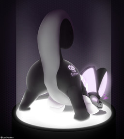 ambiguous_gender ass_up black_body butt digitigrade eyes_closed featureless_crotch feral glowing glowing_ears glowing_eyes glowing_markings grey_body hairless heart_symbol jack-o'_pose logo looking_at_viewer looking_back machine markings null on_display platform pose presenting presenting_hindquarters quadruped raised_tail rear_view simple_background smile smiling_at_viewer solo spotlight tail thick_tail ey twelve_steps kitsune_(yeayea130) canid mammal robot 2022 digital_media_(artwork) digital_painting_(artwork) full-length_portrait hi_res krita_(artwork) painting_(artwork) portrait shaded signature