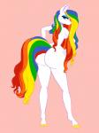 anthro anthrofied big_butt biped blue_eyes butt crossgender eyeshadow female fur hair hands_on_hips hooves horse_tail long_hair long_tail looking_at_viewer looking_back makeup mane multicolored_hair multicolored_mane multicolored_tail rainbow_hair rainbow_mane rainbow_tail rear_view simple_background small_waist solo standing tail white_body white_fur cocaine-leopard conditional_dnp rainbow_brite starlite_(rainbow_brite) equid equine horse mammal