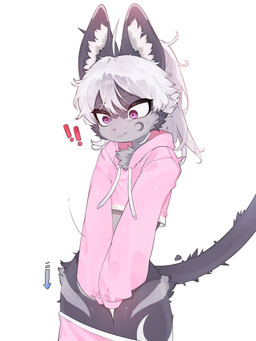 adolescent anthro blush bottomwear bottomwear_down clothed clothing covering covering_self cropped_hoodie crossdressing crossdressing_male cute_fangs embarrassed fangs femboy fur grey_body grey_fur grey_hair hair male male_anthro partially_clothed pink_eyes shorts shorts_down simple_background solo tail teeth wardrobe_malfunction white_background young young_anthro young_male kid094ff crescen_(crescencat) domestic_cat felid feline felis mammal 2025 3:4 digital_media_(artwork) hi_res