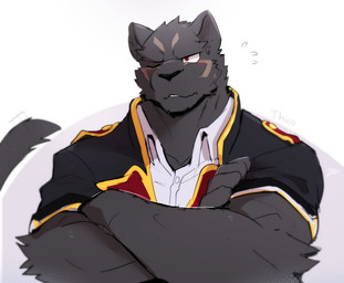 blush blush_lines clothing crossed_arms male red_eyes simple_background solo white_background sollyz knights_college theo_prinz_von_hirschreich felid mammal pantherine 2021