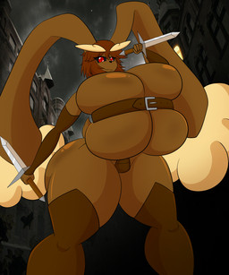 anthro belt belt_bra belted_breasts big_breasts big_butt boots breasts butt clothing dagger dual_wielding female footwear hair holding_object holding_weapon huge_breasts hyper hyper_breasts legwear long_ears melee_weapon shoes short_hair solo thick_thighs thief thigh_boots thigh_highs weapon ultrazeta120 nintendo pokemon generation_4_pokemon lopunny pokemon_(species) 5:6 absurd_res hi_res