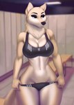 5_fingers anthro athletic athletic_anthro athletic_female big_breasts black_nose blue_eyes bra breasts cleavage clothed clothing female fingers fur humanoid_hands locker_room navel panties solo sports_bra standing underwear undressing white_body white_fur wide_hips aozee anya_isklo canid canine canis mammal wolf 2022 digital_media_(artwork) hi_res