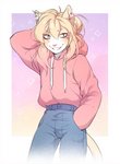 anthro blonde_hair blue_eyes border bottomwear clothed clothing denim denim_bottomwear denim_clothing ear_piercing femboy fur hair hand_behind_head hand_in_pocket hoodie inner_ear_fluff jeans male pants piercing pink_hair pockets simple_background smile solo topwear tuft whiskers white_border yellow_body yellow_fur fumiko domestic_cat felid feline felis mammal 2020 digital_media_(artwork) hi_res portrait three-quarter_portrait