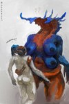 bone_frill breasts dialogue duo eyeless female frill_(anatomy) hair male male/female multi_breast multi_limb multicolored_body navel nipples nude question_mark sagging_breasts text two_tone_body deepmouf alien humanoid unknown_species hi_res