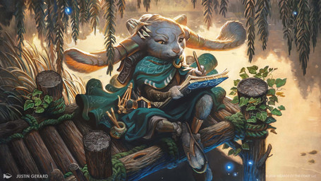 alternate_species anthro backpack cape clothing detailed_background ear_accessory female footwear fur green_cape green_clothing grey_body grey_fur holding_note_pad holding_object holding_pen lake leaf outside pen sandals shoes sitting smile solo water wooden_dock justin_gerard hasbro magic:_the_gathering wizards_of_the_coast tamiyo ambient_arthropod ambient_firefly ambient_insect lagomorph leporid mammal rabbit 16:9 2024 digital_media_(artwork) hi_res official_art widescreen