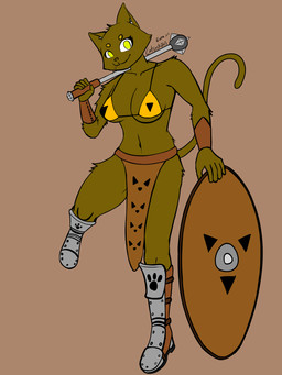 anthro armor boots bottomwear bra bracers brown_body brown_fur clothing female footwear fur green_eyes loincloth looking_at_viewer mace melee_weapon shield shoes simple_background smile solo toothpick underwear weapon yellow_bra yellow_clothing yellow_underwear catsockjus jaline domestic_cat felid feline felis mammal 3:4 hi_res