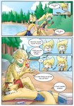 anthro biped blonde_hair blue_eyes clothed clothing dialogue duo female group hair laugh male plant speech_bubble tail text tree young young_anthro young_female young_male galo tammy_(tycloud) tycloud canid canine cheetah felid feline fox mammal absurd_res comic english_text hi_res multiple_scenes cousins_(lore)