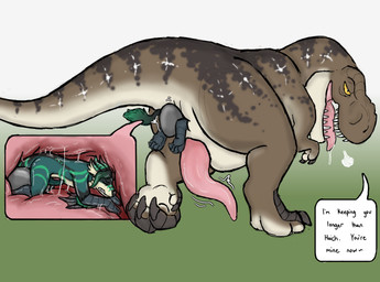 anal anal_penetration anal_vore anthro anthro_prey buttplug buttplug_in_ass buttplug_insertion duo feral feral_pred genitals internal larger_feral living_insertion living_insertion_play male male/male object_in_ass penetration penis plug_(sex_toy) plug_insertion sex_toy sex_toy_in_ass sex_toy_insertion size_difference smaller_anthro speech_bubble tapering_penis vore hgythshs gage_(hgythshs) mrjakkal dinosaur prehistoric_species reptile saurischian scalie theropod tyrannosaurid tyrannosauroid tyrannosaurus tyrannosaurus_rex hi_res