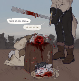 anthro blood blood_puddle blush bodily_fluids boots bottomwear bound clothing corpse crowd death decapitation dialogue execution executioner fingers footwear fur gloves gore group hair hands_behind_back hands_tied hands_tied_behind_back handwear holding_melee_weapon holding_object holding_sword holding_weapon male male_death melee_weapon open_mouth pants severed_body_part severed_head shoes speech_bubble sword tail teeth text tongue tongue_out weapon porcumoose_artistries canid canine canis mammal wolf digital_media_(artwork) english_text hi_res
