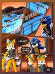 anthro clothing cybernetics detailed_background dialogue duo eyewear eyewear_on_head goggles inside jacket machine male pronounced_browridge sound_effects sunglasses sunglasses_on_head text topwear breech_loader toso sega sonic_the_hedgehog_(series) miles_prower sonic_the_hedgehog canid canine cyborg eulipotyphlan fox hedgehog mammal 2023 absurd_res comic english_text hi_res