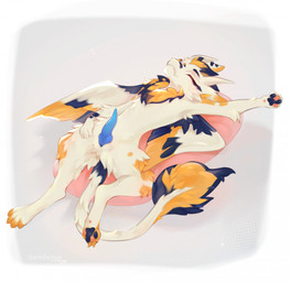 2_horns anthro black_pawpads blue_markings blush claws erection eyes_closed feathered_wings feathers fur genitals horn knot knotted_penis lying male male_anthro markings multicolored_body multicolored_fur neck_tuft nude nude_anthro nude_male on_back orange_claws orange_markings orange_pawpads pawpads paws penis small_waist snout solo tail tan_body tan_fur tuft wings serafaithh mythology dragon furred_dragon furred_scalie mythological_creature mythological_scalie scalie colored digital_drawing_(artwork) digital_media_(artwork) hi_res shaded