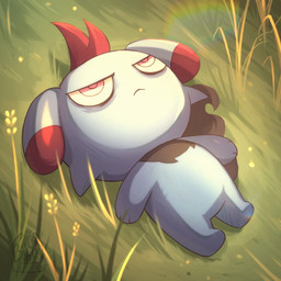 ambiguous_gender anthro biped blue_body blue_fur bored chibi detailed_background feet frown fur grass hair half-closed_eyes lens_flare lying multicolored_body narrowed_eyes on_back outside plant red_eyes red_hair solo microbihon palworld pocketpair depresso mammal pal_(species) 1:1 2024 colored digital_drawing_(artwork) digital_media_(artwork) hi_res shaded