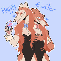 2_heads anthro blind blue_background blush bodysuit clothing disability easter_egg egg embarrassed femboy flustered fur hair hand_on_chest holidays long_hair male multi_head playboy_outfit red_body red_fur shy simple_background skinsuit solo tan_body tan_fur tight_clothing hamham_gd easter futago_and_antifutago sergal 1:1 hi_res