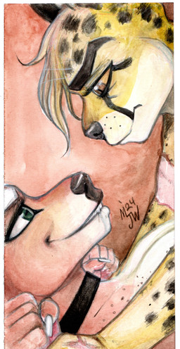 anthro big_breasts bite biting_lip blonde_hair breasts brown_eyes choker colored_nails duo eyebrows eyelashes facial_markings female fur green_eyes hair head_markings holding_wrists jewelry long_nails looking_at_another makeup male male/female markings mascara nails necklace pinned pinned_to_ground red_body red_fur small_ears spots spotted_markings whisker_spots white_nails yellow_body yellow_fur mjw_darkmode acacia_(mjw_darkmode) cheetah deer felid feline mammal 2024 hi_res traditional_media_(artwork)