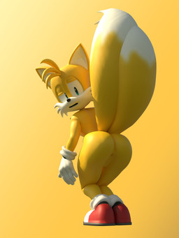 anthro anus bent_legs butt butt_focus clothing confusion footwear gloves gradient_background handwear looking_at_butt looking_back male mostly_nude shoes simple_background solo standing anonymous_artist sega sonic_the_hedgehog_(series) miles_prower canid canine fox mammal 3:4 3d_(artwork) blender_(artwork) digital_media_(artwork) hi_res