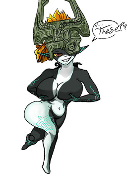 alternate_breast_size armor big_breasts big_butt black_body blonde_hair blue_markings breasts butt crossed_legs female fondling fused_shadow grey_body hair headgear helmet holding_breast humor markings one_eye_obstructed pointy_ears red_eyes self_fondle sharp_teeth simple_background solo teeth thick_thighs white_background yellow_sclera coolandgood nintendo the_legend_of_zelda twilight_princess midna humanoid imp twili meme