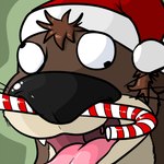 anthro brown_body brown_fur brown_hair candy candy_cane christmas_clothing christmas_headwear clothing derp_eyes dessert facial_piercing food fur green_background hair hat headgear headwear holidays male nose_piercing open_mouth piercing santa_hat simple_background solo teeth tongue uvula pandottermon christmas mammal mustelid otter 1:1 hi_res