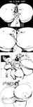 anthro anthro_pred auto_vore big_breasts bodily_fluids breast_vore breasts cleavage cleavage_overflow clothed clothing death duo fatal_vore feathers female female/female flat_chested markings mole_(marking) mole_on_breast scared sweat text vore redfred la_pavita_pechugona pavita_pechugona avian bird galliform phasianid turkey 2023 absurd_res english_text hi_res monochrome