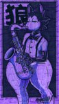 anthro bottom_heavy bow_tie clothing dress_shirt eyelashes eyes_closed femboy fingers male musical_instrument playing_saxophone saxophone shirt simple_background solo suspenders tenor_saxophone thick_thighs topwear wide_hips wind_instrument woodwind_instrument parasitedeath wolf_(parasitedeath) canid canine canis mammal wolf 2022 artist_name hi_res signature traditional_media_(artwork)