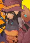 anthro big_breasts black_hair blush breasts brown_body clothing dress female hair hat headgear headwear holidays pink_clothing pink_dress plant simple_background smile solo tongue tongue_out tree witch_hat yellow_background arumo halloween komena_akamori canid mammal 2020 hi_res