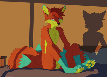 anthro bed bed_sheet bedding bedroom black_nose blue_hands blue_markings blue_tail_tip claws dipstick_tail fur furniture hair inner_ear_fluff looking_at_viewer male markings multi_tail multicolored_body multicolored_fur on_bed pawpads pink_eyes pupils red_body red_hair red_tail sitting slit_pupils solo tail tail_markings tuft white_claws yellow_body yellow_inner_ear_fluff yellow_pawpads red_the_kitsune red_(red_the_kitsune) canid canine fox mammal 2025 digital_media_(artwork) hi_res line_art shaded watermark