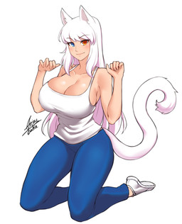 big_breasts blue_eyes bottomwear breasts cleavage clothed clothing eyebrow_through_hair eyebrows eyelashes female footwear hair heterochromia kneeling looking_at_viewer pants red_eyes shirt shoes solo tail tank_top topwear translucent translucent_hair white_hair airisubaka animal_humanoid cat_humanoid felid felid_humanoid feline feline_humanoid humanoid mammal mammal_humanoid 2020 absurd_res hi_res